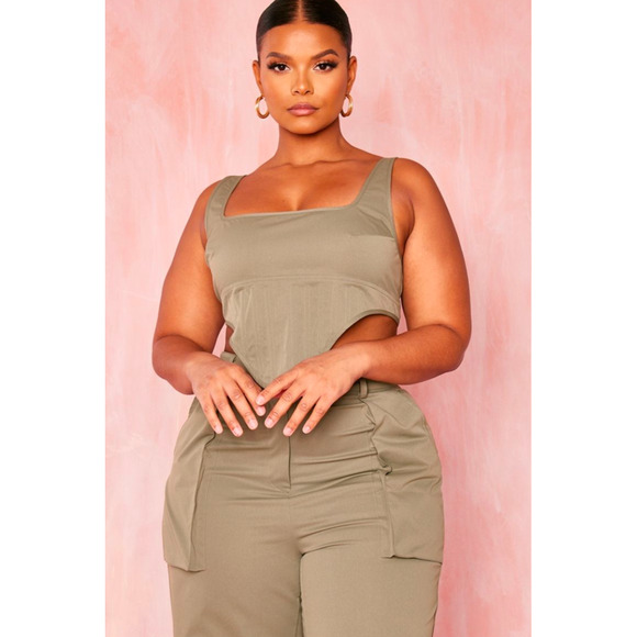 PrettyLittleThing Plus Tops - Prettylittlething Plus Khaki Twill Dip Hem Structured Cargo Corset Size 16 NWT